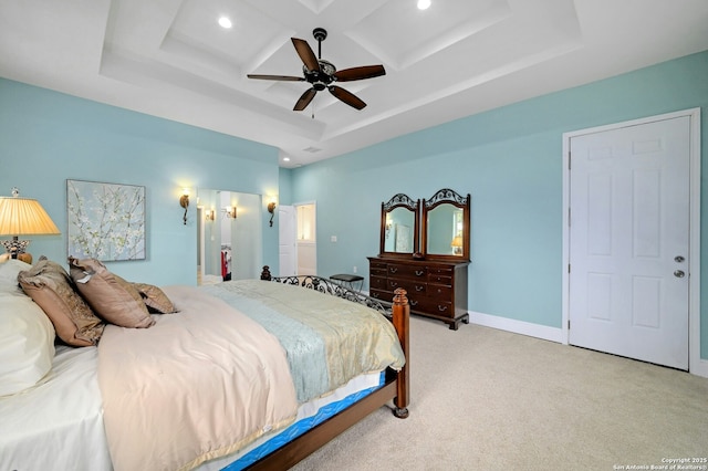 carpeted bedroom featuring ceiling fan and coffered ceiling