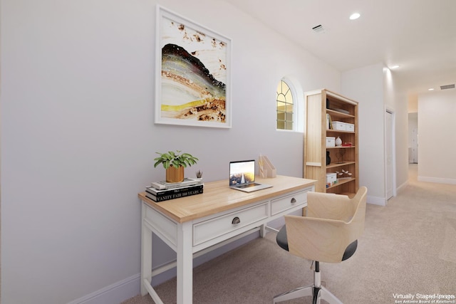 office space featuring light colored carpet