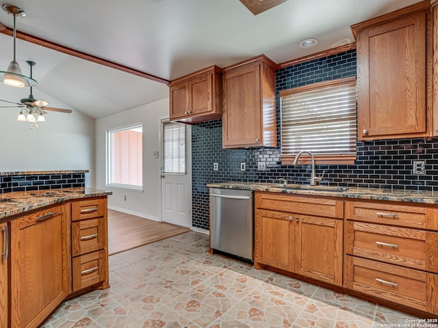 kitchen featuring lofted ceiling, sink, backsplash, and dishwasher