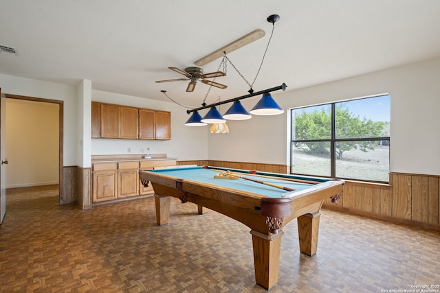 recreation room featuring wood walls, visible vents, pool table, and wainscoting