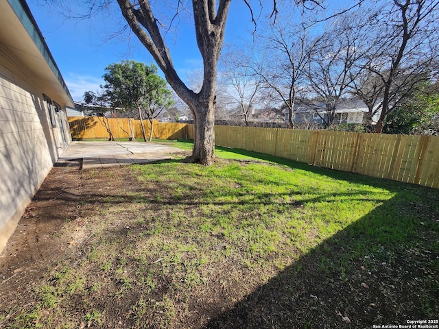 view of yard with a patio area and a fenced backyard