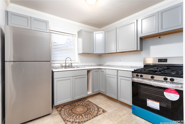 kitchen featuring light tile patterned flooring, appliances with stainless steel finishes, gray cabinets, and sink