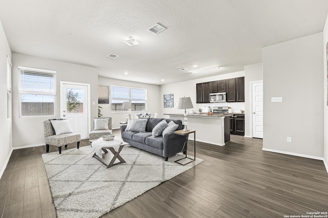 living room with dark wood-type flooring and a textured ceiling