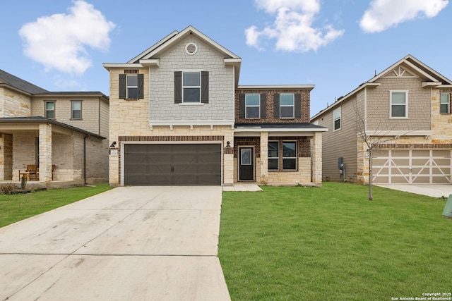 view of front of home featuring a garage, concrete driveway, stone siding, and a front lawn