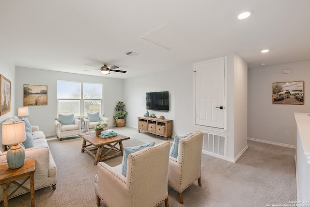 living room featuring visible vents, recessed lighting, attic access, and baseboards