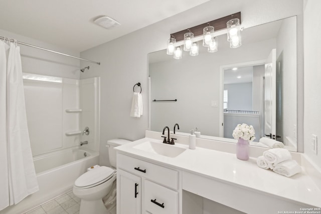 bathroom with shower / tub combo, visible vents, vanity, and toilet