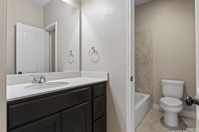 full bathroom with tile patterned floors, toilet,  shower combination, and vanity