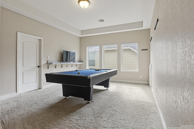 game room featuring pool table, a raised ceiling, and carpet