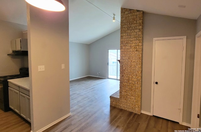 unfurnished living room featuring lofted ceiling and dark hardwood / wood-style flooring