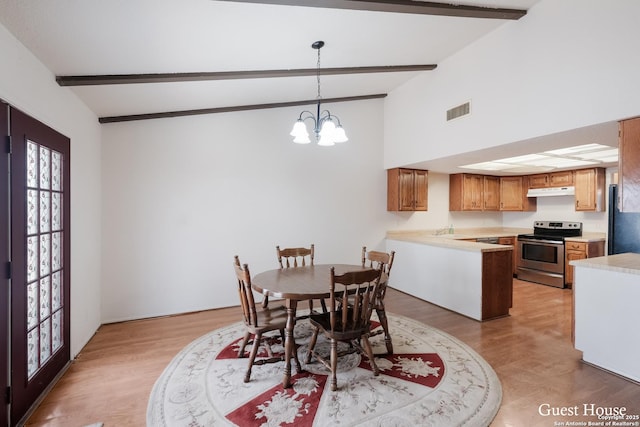 dining space featuring an inviting chandelier, sink, light hardwood / wood-style flooring, and lofted ceiling with beams