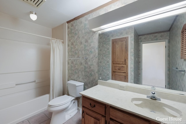 full bathroom featuring tile patterned flooring, vanity, shower / bath combination with curtain, and toilet