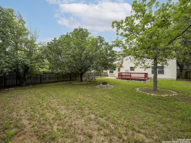 11723 Shotgun Way, Helotes, TX 78023 - view of yard with a fenced backyard, a wooden deck, and a fire pit