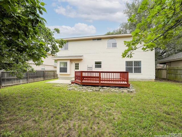 11723 Shotgun Way, Helotes, TX 78023 - rear view of house featuring a fenced backyard, a wooden deck, and a yard