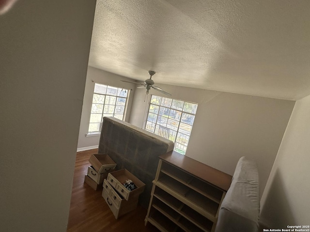 stairs with ceiling fan, hardwood / wood-style floors, and a textured ceiling