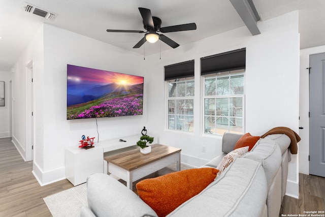 living room featuring beamed ceiling, ceiling fan, and light wood-type flooring