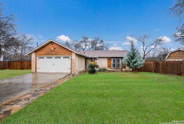 ranch-style house featuring a garage and a front lawn