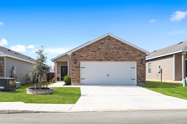 view of front facade featuring a garage, a front yard, and central air condition unit