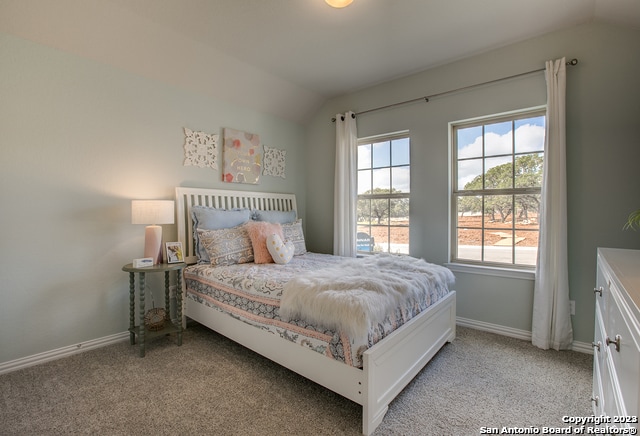 carpeted bedroom featuring lofted ceiling