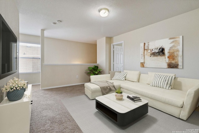 living room with carpet and a textured ceiling