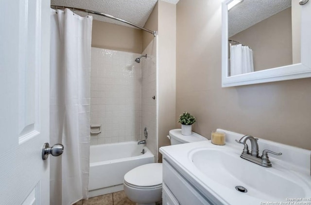 full bathroom with tile patterned flooring, vanity, shower / bath combination with curtain, a textured ceiling, and toilet