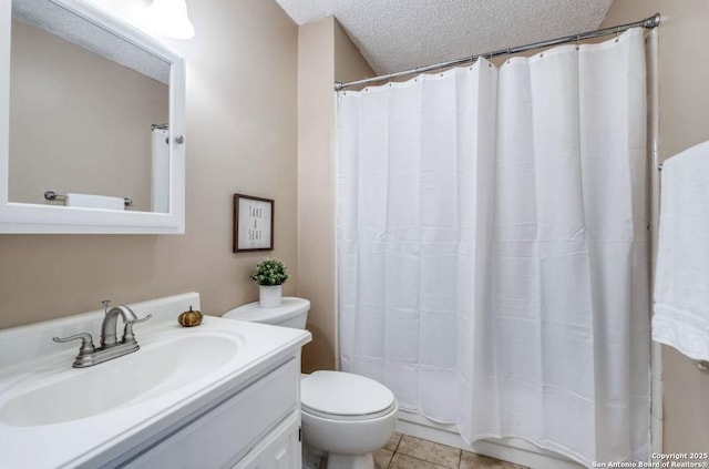 bathroom featuring walk in shower, toilet, a textured ceiling, vanity, and tile patterned flooring