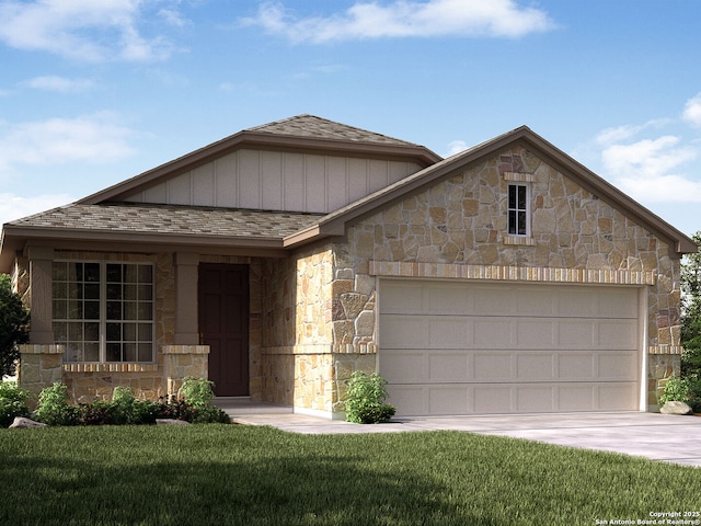 14603 Rainwater Trl, San Antonio, TX 78253 - view of front facade featuring stone siding, an attached garage, a front yard, roof with shingles, and driveway