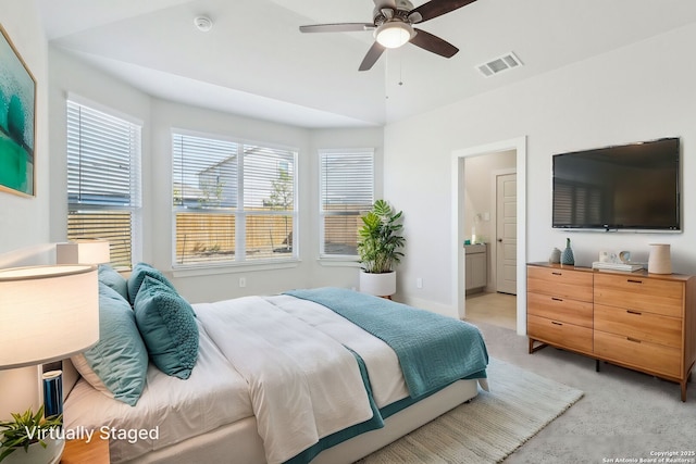 14603 Rainwater Trl, San Antonio, TX 78253 - bedroom featuring baseboards, visible vents, a ceiling fan, and light carpet