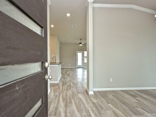 entrance foyer featuring crown molding, ceiling fan, sink, and light wood-type flooring