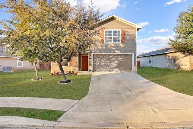 view of front of home with a garage, a front yard, and central AC unit