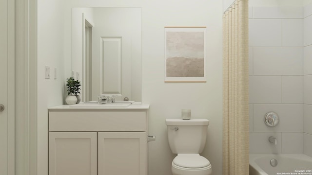 full bathroom with vanity, shower / bath combo, and toilet