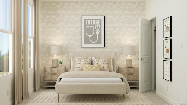 bedroom featuring light carpet