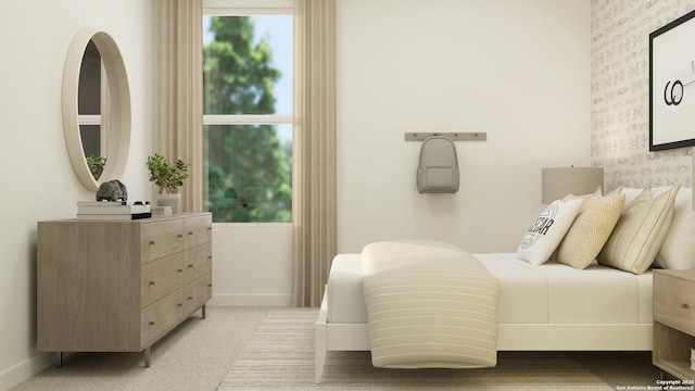 bedroom with light carpet