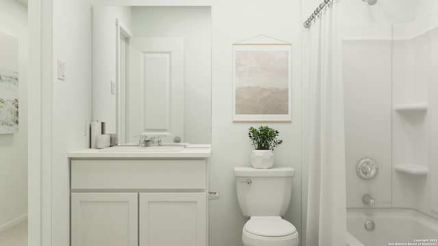 full bathroom featuring vanity, shower / bath combination with curtain, and toilet