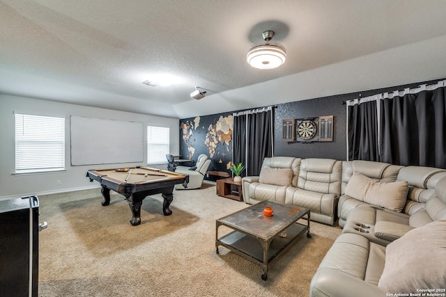 playroom featuring billiards, carpet flooring, and a textured ceiling