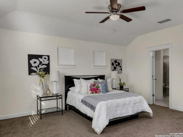 carpeted bedroom featuring ceiling fan and lofted ceiling