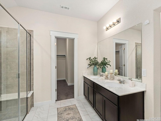 bathroom featuring vanity and a shower with door