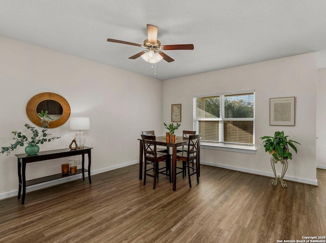 dining room featuring dark wood-type flooring and ceiling fan