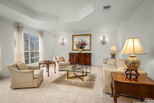 living room with a tray ceiling, light tile patterned floors, and crown molding