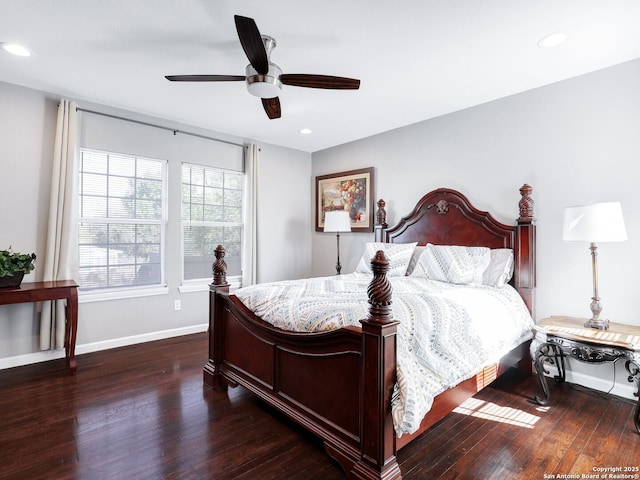 bedroom featuring dark wood-style floors, ceiling fan, baseboards, and recessed lighting