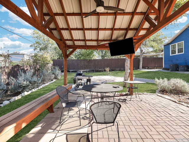 view of patio with ceiling fan, outdoor dining area, and a fenced backyard