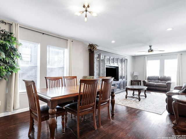 dining space featuring a wealth of natural light, a ceiling fan, dark wood-style flooring, and recessed lighting