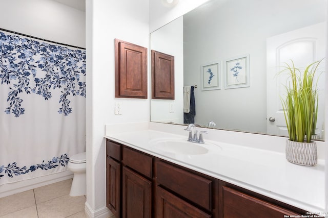 full bathroom with vanity, tile patterned floors, toilet, and shower / bathtub combination with curtain