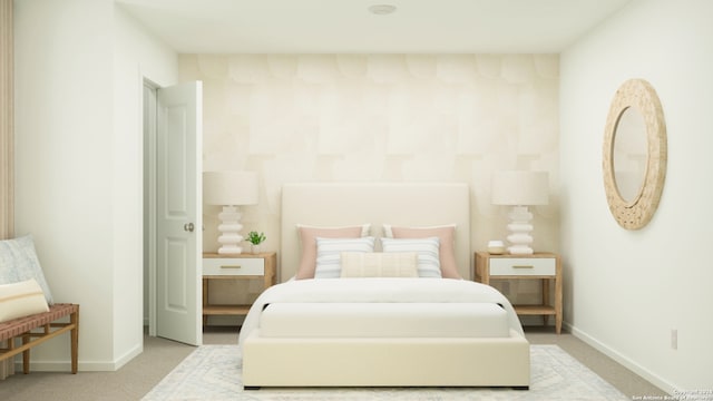 bedroom featuring light colored carpet