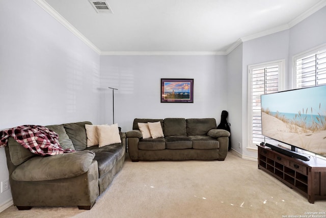 carpeted living room with crown molding