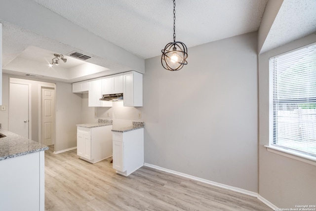 kitchen with a tray ceiling, decorative light fixtures, light hardwood / wood-style floors, and white cabinets