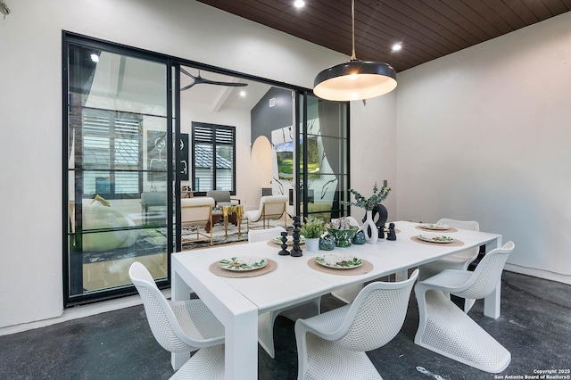 dining area with wooden ceiling