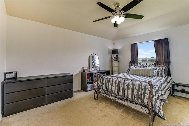 carpeted bedroom featuring a tray ceiling and ceiling fan