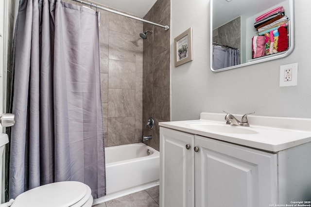 full bathroom with tile patterned flooring, vanity, shower / tub combo with curtain, and toilet