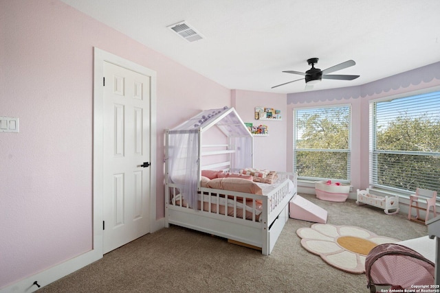 bedroom featuring carpet floors and ceiling fan