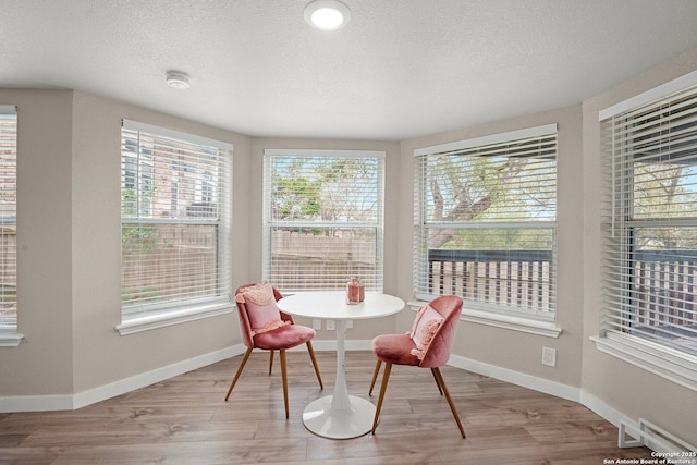 dining room featuring a textured ceiling and light wood-type flooring